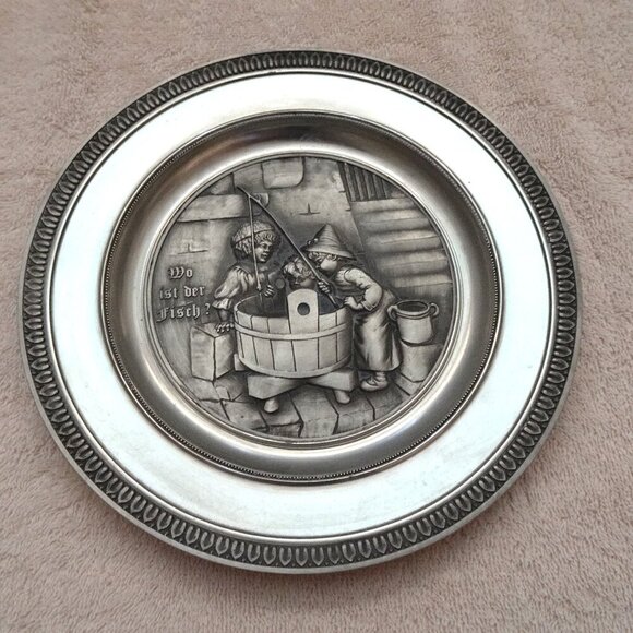 SKS Zinn 95% Pewter Plate Boys Fishing Where is the Fish? German Vintage 8 Inch - Picture 1 of 6